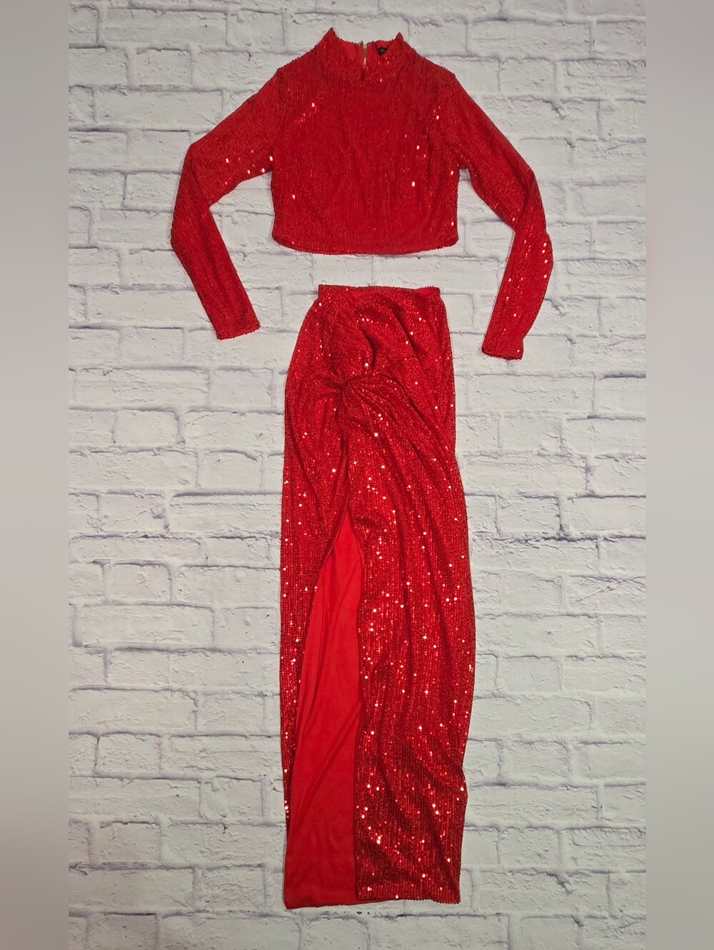 Fashion Nova Red Sequin Two Piece Maxi Skirt Set Size Large